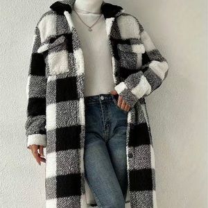 Plaid Pattern Teddy Coat, Casual Button Front Long Sleeve Outerwear, Women's Clo